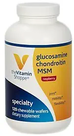 The Vitamin Shoppe Glucosamine Chondroitin MSM Chewable Wafers with 100mg of Branded OptiMSM™ Ingredient – Raspberry Flavor Supports Healthy Joint Mobility, Flexibility Structure (120 Count)