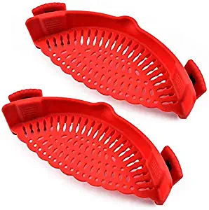 Coolnice 2 Pack Clip On Strainer for Pots Pan Pasta Strainer Silicone Food Strainer Hands-Free Pan Strainer for Spaghetti Pasta Ground Beef Grease for Most of Bowls and Pots-Red