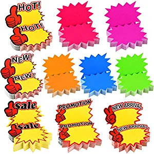 500 Pieces Burst Signs Fluorescent Signs Blank Star Shape Retail Sale Tags Burst Paper Signs for Retail Store Party Favors, 10 Styles (Regular Shape)
