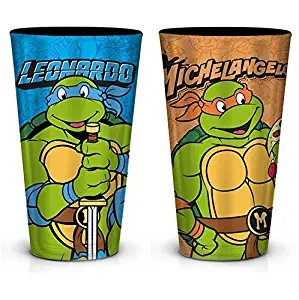 2-Pack Teenage Mutant Ninja Turtles (TMNT) OFFICIAL Leonardo & Michelangelo PREMIUM Foil-Printed Pint Glass SET, 16oz Blue/Orange