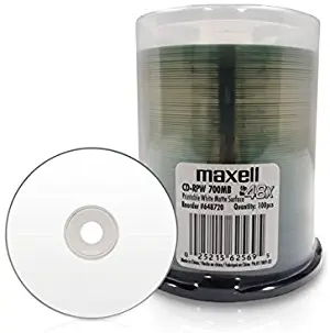 Maxell 648720 Premium Quality Recording Surface 48x Write Speed 700Mb Printable White Matte Disc 100 Pack with