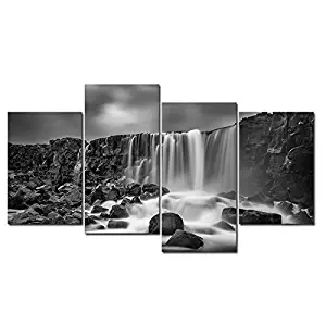 Pyradecor Waterfall Giclee Canvas Prints Wall Art Paintings for Home Decorations - Black and White Rocky Large 4 Piece Modern Gallery Wrapped Grace Seascape Sea Beach Pictures Artwork Ready to Hang L