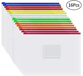 EOOUT 16Pcs Clear Poly Zip Envelope Plastic Organizer Envelope, 7 Colors File Folder Document Bags, Letter Size A4 Size, for School Office
