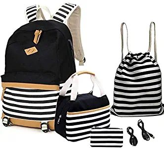 Teens School Bags,Student Canvas Bookbag,Durable Laptop Backpack Fits 16 inch Laptop with USB Charging Port & Headphone Interface, Shoulder Bag + Lunch Bag + Pencil Bag (Black-2)