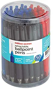 Office Depot Retractable Ballpoint Pens with Grips, Medium Point, 1.0 mm, Black/Blue/Red Barrels, Black/Blue/Red Inks, Pack of 50