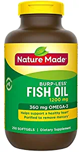 Nature Made 1,200mg Burp-Less Odorless Fish Oil with 360mg Omega-3, 250 Softgels