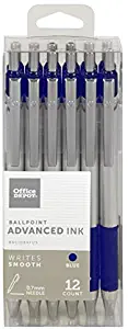 Office Depot Advanced Ink Retractable Ballpoint Pens, Needle Point, 0.7 mm, Silver Barrel, Blue Ink, Pack of 12