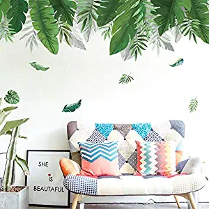 Riforla Green Tropical Leaves Wall Decal Nature Palm Tree Leaf Plants Wall Sticker Art Murals for Kids Room Living Room Nursery Classroom Offices Home Decoration