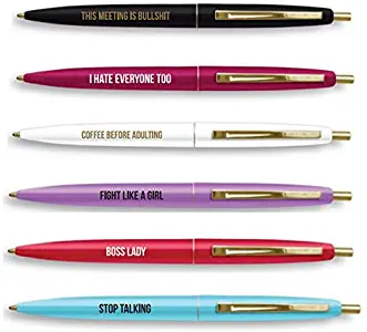 Snarky Boss Lady Pen Set in Brilliant Multicolor - Set of 6 Refillable Black Ink Ballpoint Click Clic Pens