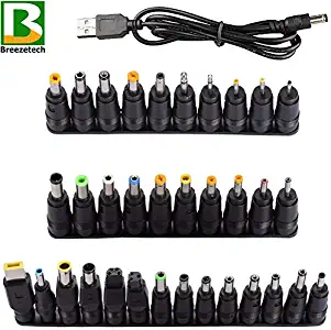 Breezetech DC Power Adapter Kits 34 pcs Universal Input Famale 5.5 mm x 2.1 to Multi-Type Male DC Plug Jack Tips for Most Laptop Models with one Piece of 1.2m USB 2.0 to 5.5 x 2.1mm tip USB Cable