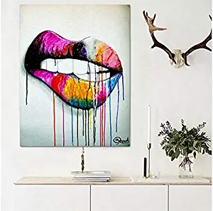 Faicai Art Sexy Colorful Lips Street Art Canvas Prints Wall Art Pop Art Abstract Paintings Posters Modern Wall Decor Pictures for Home Decor Living Room Bedroom Bathroom Office Wooden Framed 32"x48"