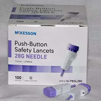McKesson 16-PBSL28G Safety Lancet Fixed Depth Lancet Needle 1.5 mm Depth 28 Gauge Push Button (Pack of 100)