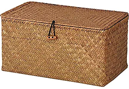 DOKOT Rectangular Handwoven Seagrass Storage Basket with Lid for Shelves and Home Organizer Bin, (M (12